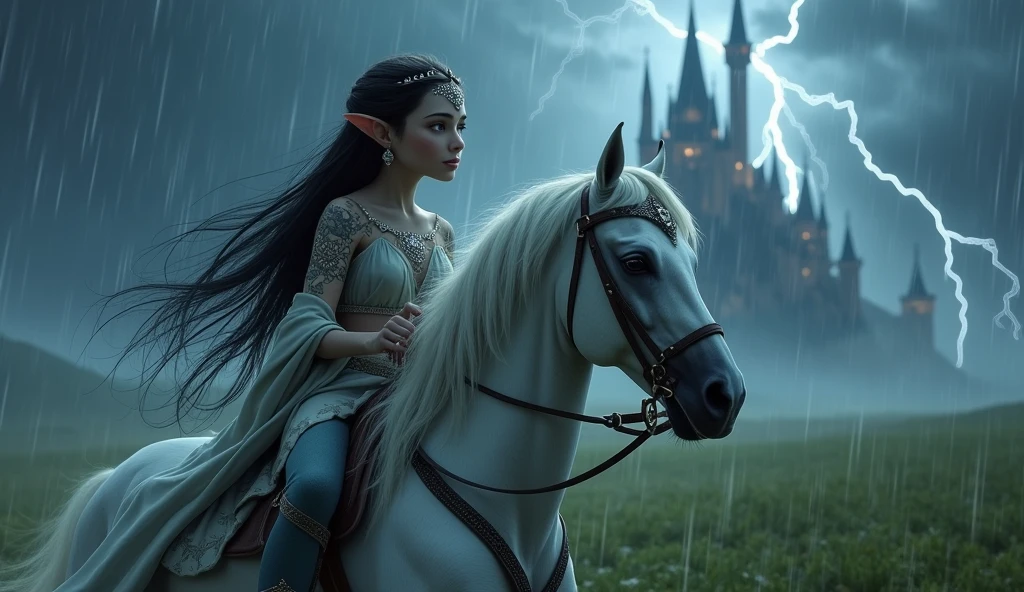 a young and beautiful elf princess, with elven tattoos, beautiful pale face, gray eyes, beautiful black hair with a crystal tiara, rides her white horse, it is raining torrentially, thunder is falling, the sky is extremely dark, in the background you can see in the distance a meadow on the outskirts of an immense castle, cinematic lighting, pixar style, long shot