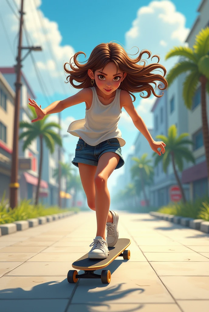 A  girl, with brown hair, wavy shoulder length, skating skateboard