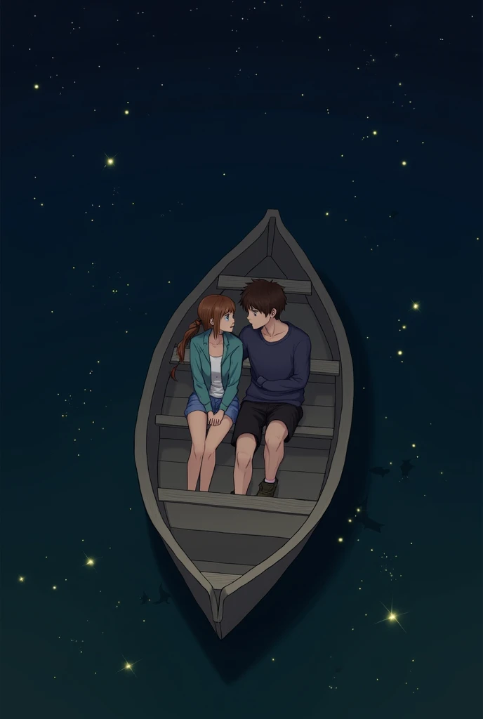 A couple, what sits in a small wooden boat at night. With fireflies and fish in the water. The perspective should be from above on the boat. The woman is wearing a jacket and shorts. The man has brown hair and is wearing shorts and a sweater.  They sit next to each other and look at each other lovingly. 
