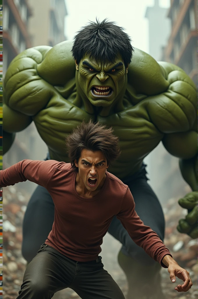 with brown hair and brown eyes fighting with Hulk. realistic, HdR. Angry looks