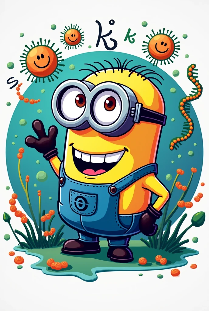 cartoon logo with minion, virus, gen, spores, nucleotic, dna 26, botany, biology and text SiK26 with S and K capitalized