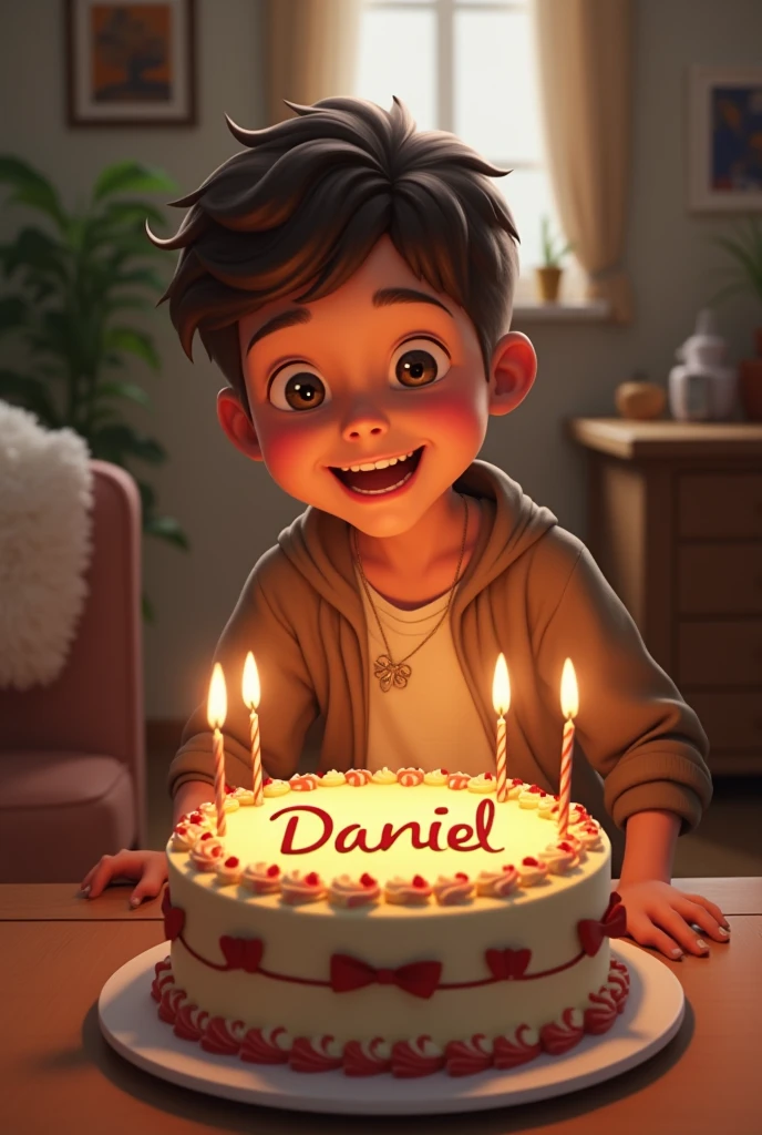 Create a 3d image in which a teenager boy cutting Cake wearing blue color shirt with Name "Vivan" is written clearly on the Cake and 5 year candle burning on the Cake, image features with birthday decorated view, realistic image, background decorated with birthday items.