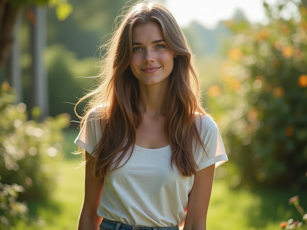 fot, taken from a distance that shows the entire body, She is very young, plein-air, em um jardim, short skirt and t-shirt, Caucasian skin, sad for a lost love, long brown hair, a softened wry smile - contained excitement, Soft lighting on your face, realistic skin-clothes-hair textures, sky blue eyes carpeted mist, beautiful real textures and delicate aesthetics, full body view, notable for natural feminine beauty, noise, 8 k quality, FOTO RAW, by professional photographer, rule of thirds, Extremely Detailed