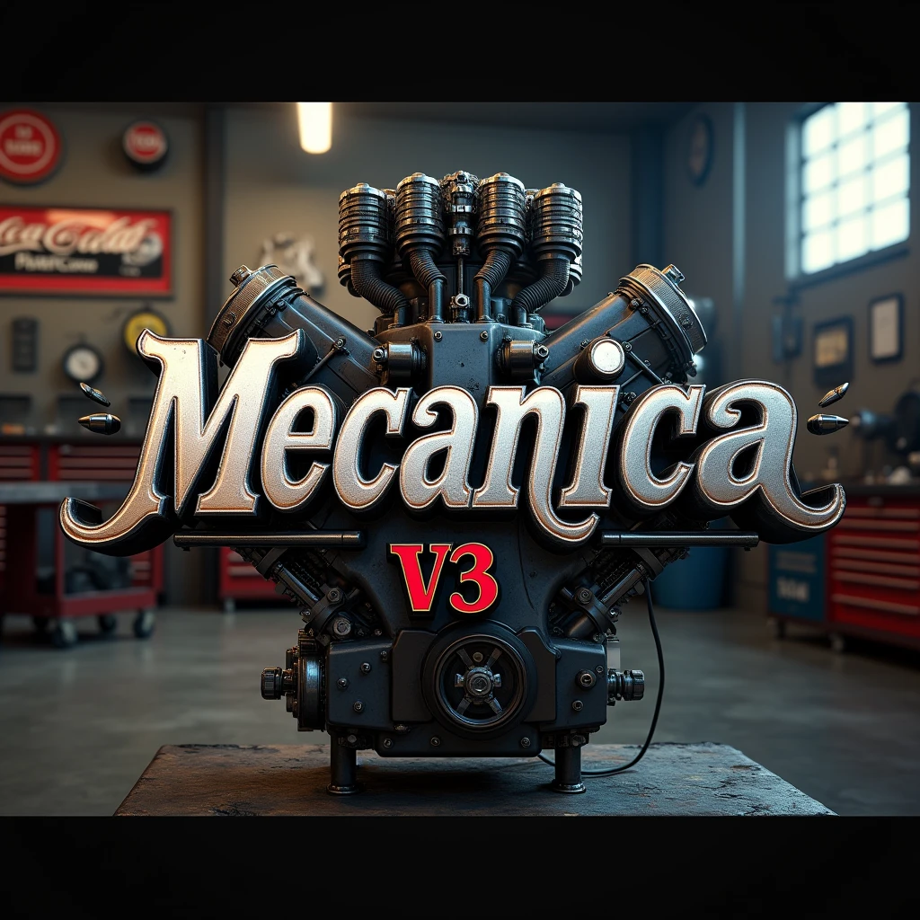 Photo of an engine in a mechanic shop and the title name in the middle in the style of a hard rock band, MECANICA V3