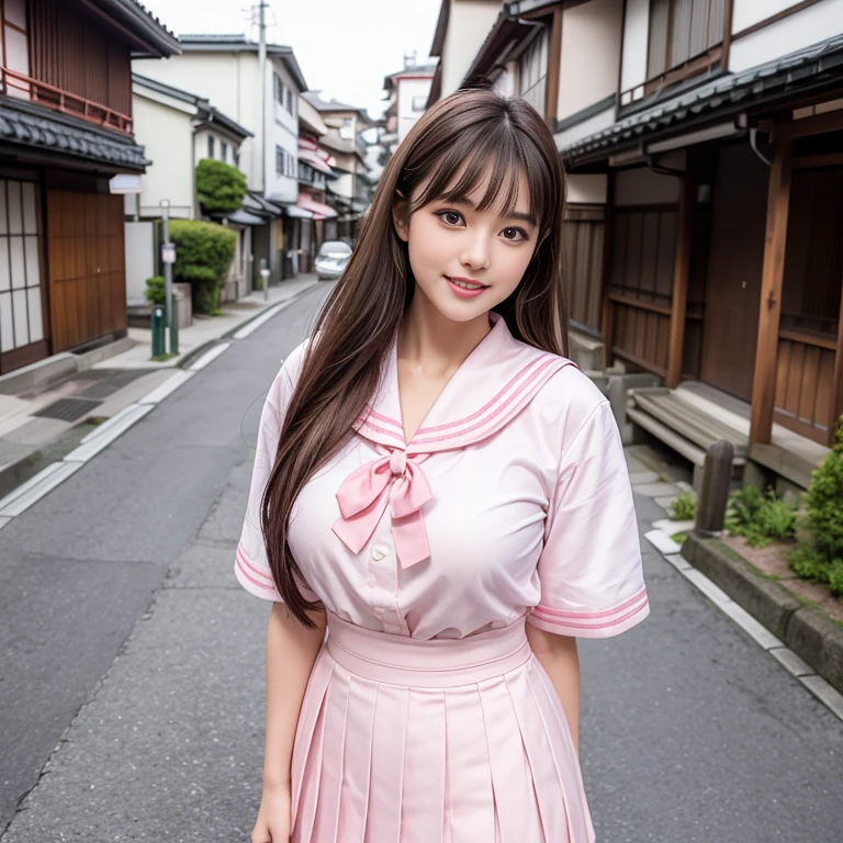 laughing out loud,pink collar, Wear Kitauji High School uniform, White sailor suit, Pink pleated skirt, Sailor suit with pink collar on white background, White clothes, (knee shot), 1 girl, On the face, light brown hair, blunt bangs, hair behind ears, Hair over the shoulders, long hair, Slender body type, Super thin face, face slimming, delicate lips, beautiful eyes, Thin blush, Eyes are light brown,Check it out here, (realistic:1.3), Standing next to a street in Kyoto, Japan, 8k, , Super detailed, high quality, best quality, High resolution, ,Large Breasts,H CUP, 3