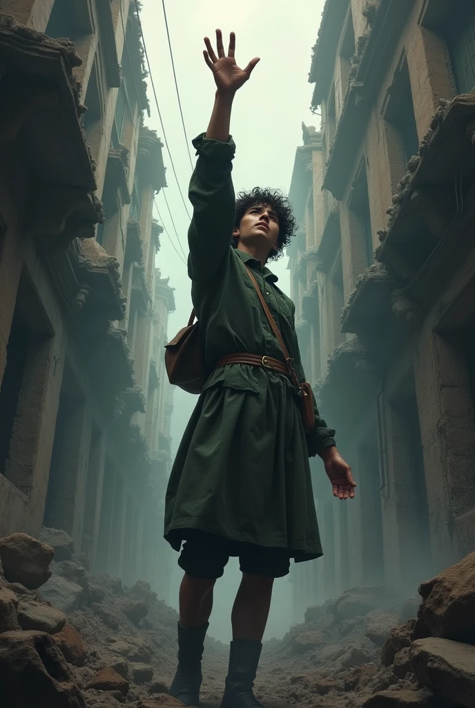 A depiction of a student reaching out his hand to try to escape from a war and slavery on the side