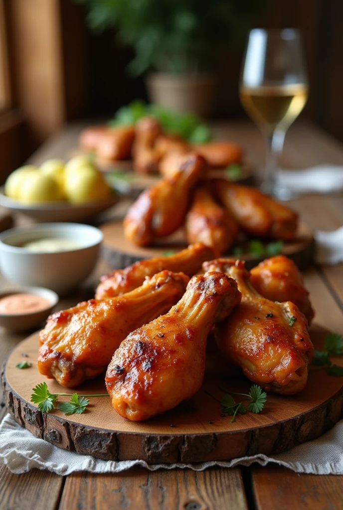 a wooden board with chicken wings on a dinner table