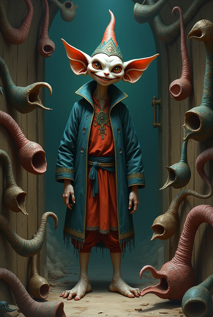 smiling elf, with lots of bazuco pipes standing at the door waiting for tourists but with a bad and evil face