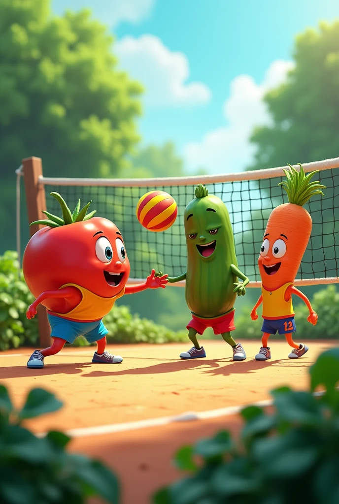 Scenario: A volleyball court with a net in the middle, surrounded by a cheerful scenery, like a garden or a vegetable garden.
Vegetable players: A tomato as the attacker, a cucumber as the setter and a carrot as the defender. They may be wearing colorful sportswear and jumping or doing typical volleyball moves..
Action: The tomato is about to deliver a powerful serve, while the carrot is in the receiving position, and the cucumber is ready to lift the ball.