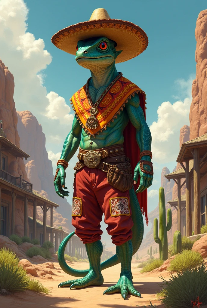 A skinny Mexican humanoid chameleon, with a sombrero poncho and matching pants. I'd like the art in a fantasy RPG style, set in the old west.