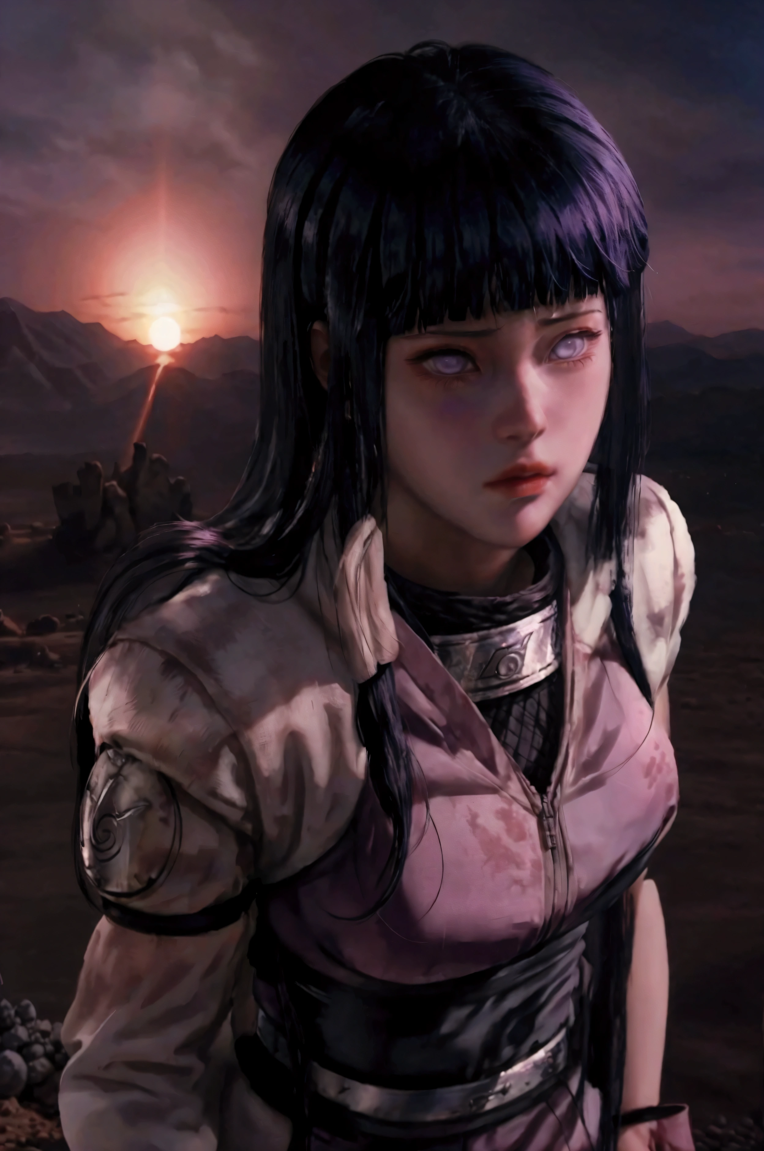 Hyper Realistic hinata standing still with bayakugan and destroyed desert in background