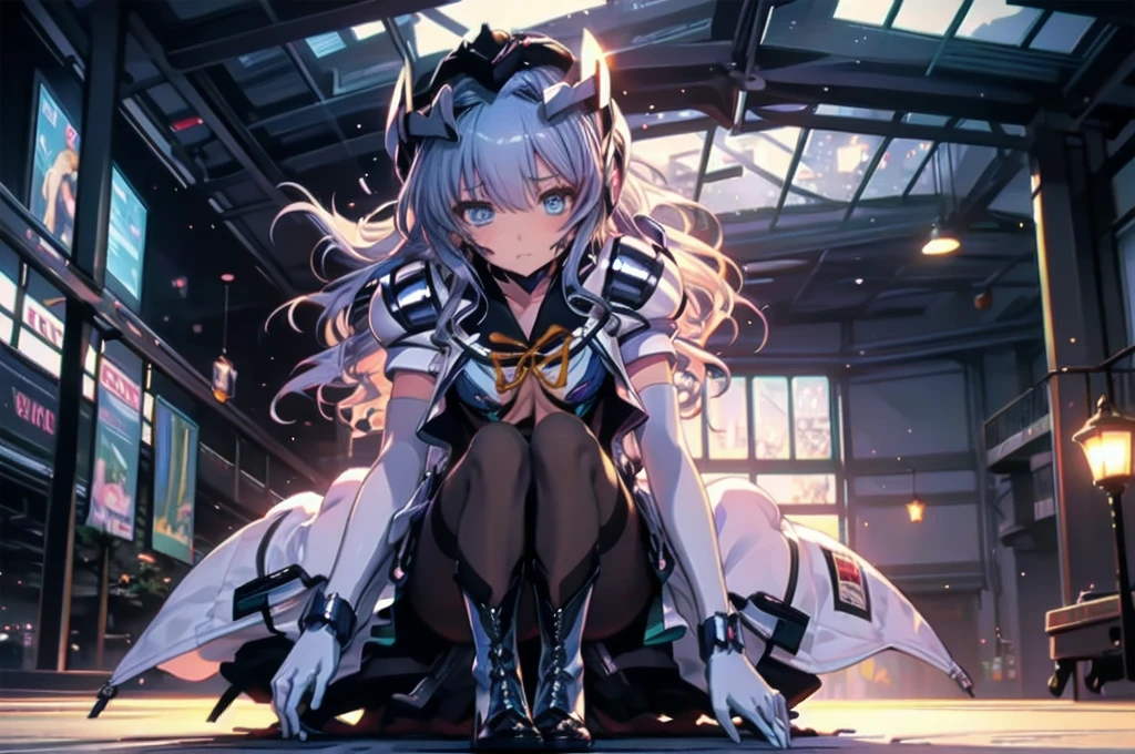 Highest quality，symphony_sugar,Light blue hair,Dark blue eyes,hair ornaments,Long Hair,White Long_gloves,light blue short dress,Black Pantyhose,High heels, ,Show me your boots，gloves，elegant, 1 person, cute, Blushed, Looking at the audience, From below, prison，Beautiful Eyes, Beautiful background, Particles of light, Light of the sun, Dramatic lighting, outside, Shiny, Realistic, Highest quality, Very detailed, Get used to it, scenery, Beautiful and detailed, Thin Hair，Full Body Shot，