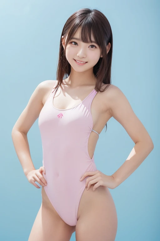 studio, Soft lighting, Upper body shot of a cute idol wearing a one-piece swimsuit, Playful pose, Hands on hips, smile, Pastel Background, Realistic, Attention to detail, studio photography