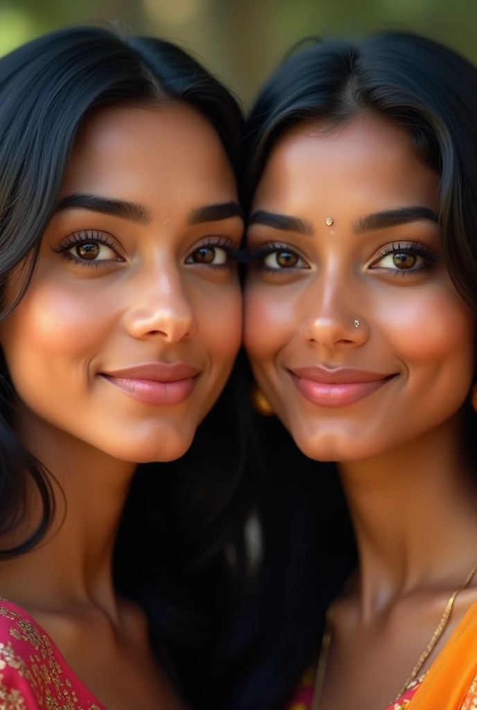 Create a realistic and stunning image of a 2 Indian woman. She has warm, glowing, medium-brown skin with a smooth texture. Her large, almond-shaped eyes are deep brown, with long, thick eyelashes framing them. Her eyebrows are slightly arched, full, and well-groomed, adding to her expressive gaze. Her nose is slender and slightly upturned, complementing the symmetry of her face. She has full, soft lips with a natural pink hue, slightly curved into a gentle, inviting smile. Her straight, jet-black hair cascades down to her shoulders, with a subtle shine, and a few strands gently frame her face. Her ears are delicately shaped, adorned with small, traditional gold earrings. The background should be softly blurred to keep the focus on her face, with natural lighting that highlights her features without any harsh shadows.