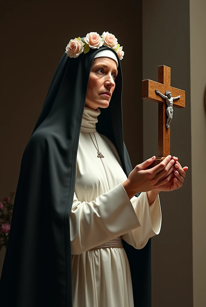 Saint Rose of Lima realist, ultra realisitic, put a white dress and a black cape on her like a nun, put a headband of roses on her head, make her more adult, MORE SERIOUS AND SHE LOOKS MORE LIKE A NUN, friend, NOT SO SERIOUS, not so young, and with more roses and she looks like a nun, she is looking at the crucifix that is stretched out over her hands, angulo lateral, is standing, looking at the crucifix that is lying on the handle
