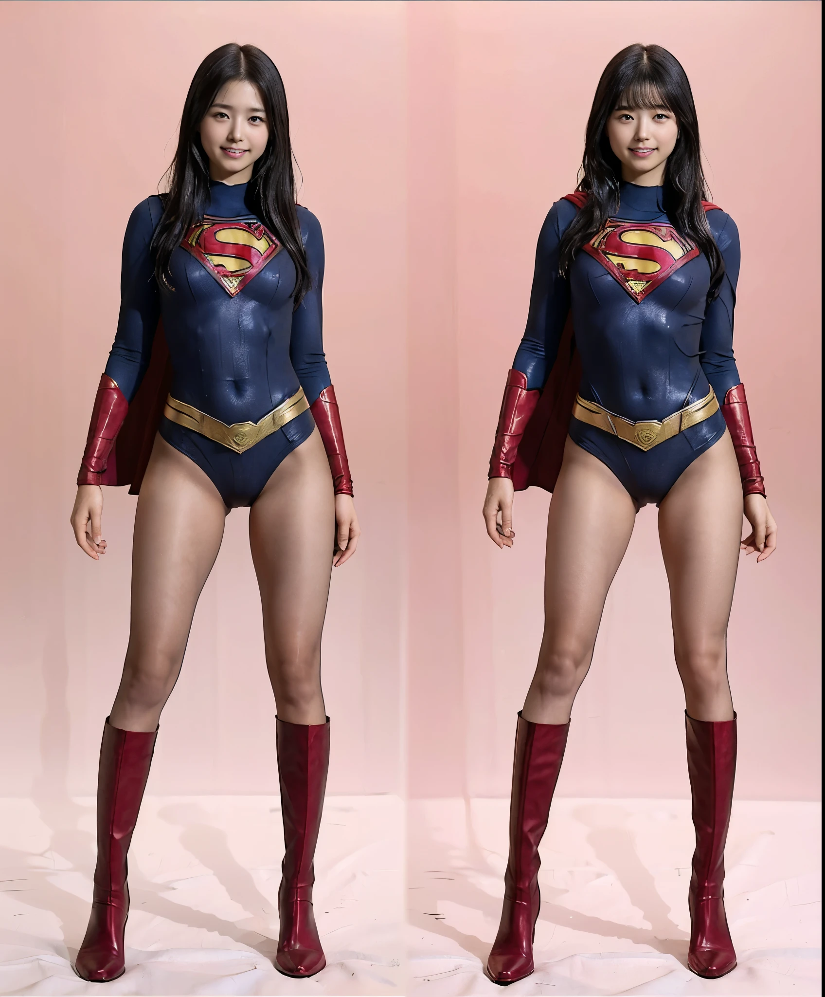 No background、(((Beautiful legs in black tights.)))、(((Legally express the beauty of your smile)))、((((Make the most of your original images)))、(((Supergirl Costume)))、(((Beautiful Hair)))、(((suffering)))、(((Please wear black tights....、Wear red boots)))、((Best image quality、8k))、((Highest quality、8k、masterpiece:1.3))、(((Preserve background )))、Sharp focus:1.2、Beautiful woman with perfect figure:1.4、Slim Abs:1.2、Wet body:1.5、Highly detailed face and skin texture、8k