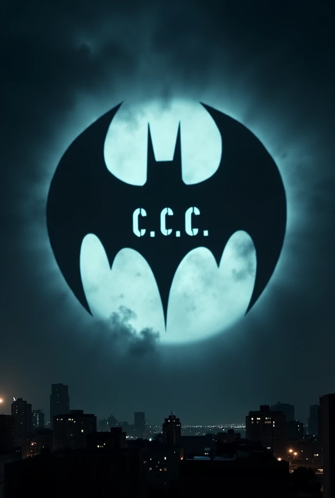Una imagen como la de Batman proyectada en el cielo pero con las iniciales c.c.c en el centro