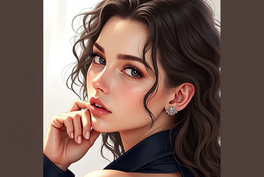 (photorealism:1.2), beautiful woman, sitting on bed, wearing loose off-shoulder top, pajama pants, long curly hair, indoors, soft lighting, with relatively large breasts and narrow waist and black eyes