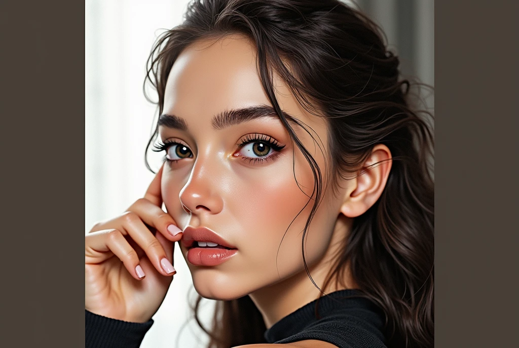 (photorealism:1.2), beautiful woman, sitting on bed, wearing loose off-shoulder top, pajama pants, long curly hair, indoors, soft lighting, with relatively large breasts and narrow waist and black eyes