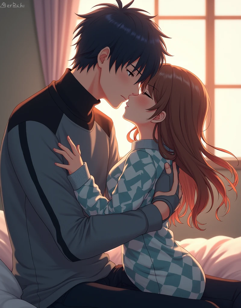 Create a Japanese anime style landscape image. The image depicts a romantic scene between two characters in an intimate embrace. The male character is sitting on a couch, wearing a gray and black long-sleeved shirt with a high collar. His hair is short, dark, and slightly tousled, complementing his sharp features. He is holding the female character close, with one hand on her back and the other gently placed on her upper arm.

The female character, dressed in a light blue and white checkered sweater, has long brown hair cascading down her back. She is sitting on the male character's lap, with her head tilted upward as they share a passionate kiss. Her hands rest on the male character's shoulders, pulling herself closer to him.

The background suggests an indoor setting with soft natural light streaming through large windows, creating a warm and intimate atmosphere. The colors are muted, with the focus on the couple, highlighting the emotional intensity of the moment. The scene conveys a sense of deep affection and tenderness between the two characters.