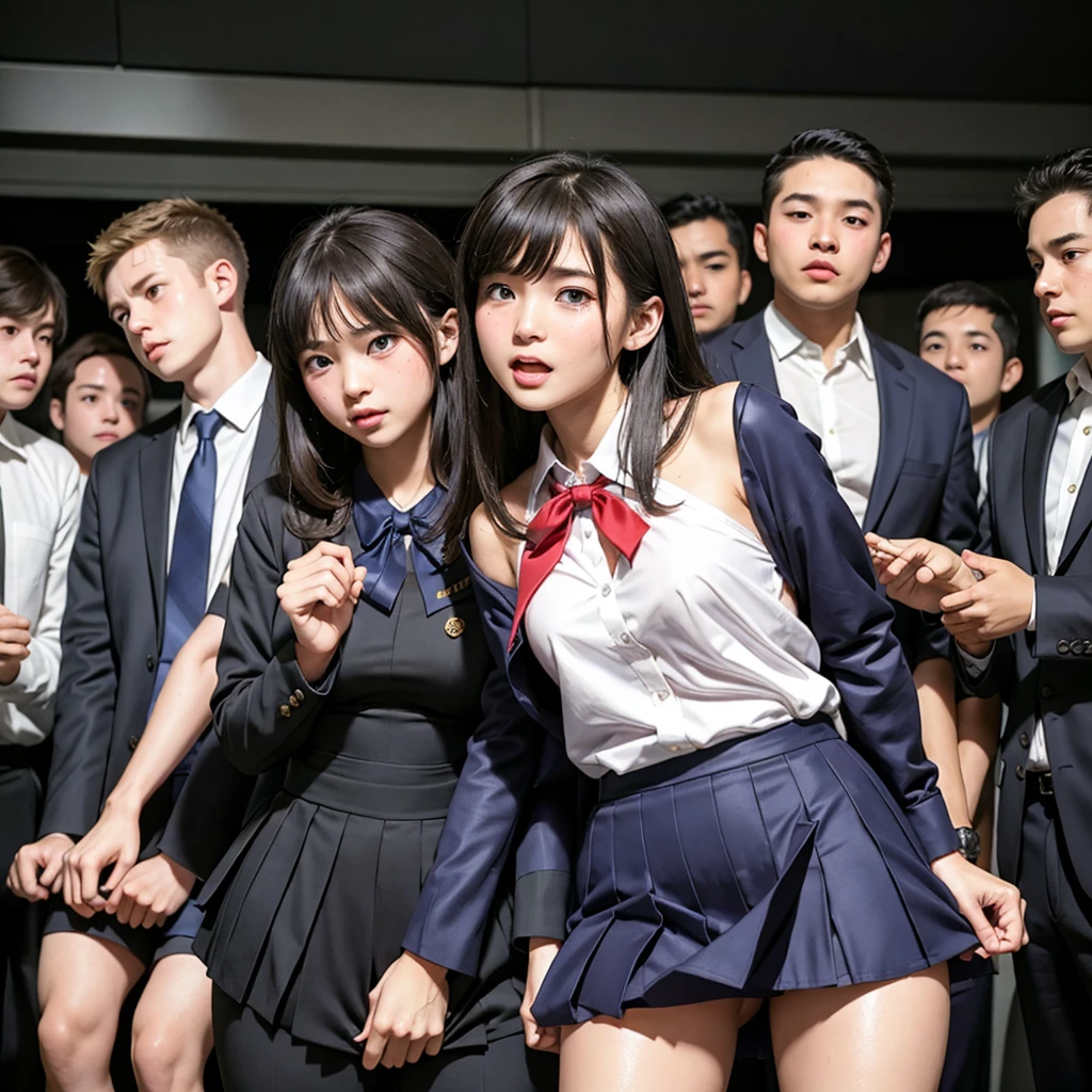 Beautiful innocent high school girl surrounded by excited high school boys, A cute, childlike face like an idol, A high school boy rips his uniform off to reveal his underwear, A high school boy grabs my breasts from behind, Anatomically correct, Being molested by a group of high school boys, Staring at the audience, Beautiful wavy brown medium bob hair, Screaming with her mouth open in shame at being seen, blush, Body flushed red, Wet with sweat, Increased sensitivity, Tears overflow from your beautiful eyes, Ultra high definition, Slender body, Can be smelled from close range, Japanese, Cowboy Shot, Inner thighs