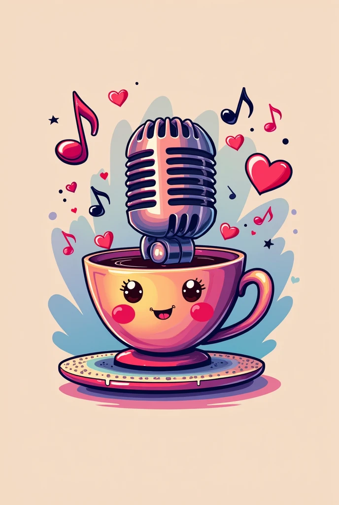A logo with a microphone and musical notes and bright pastel colors And a coffee cup with heart eyes and glitter