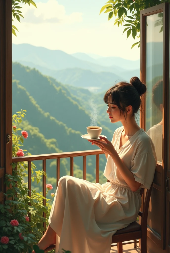 Young woman drinking coffee on balcony