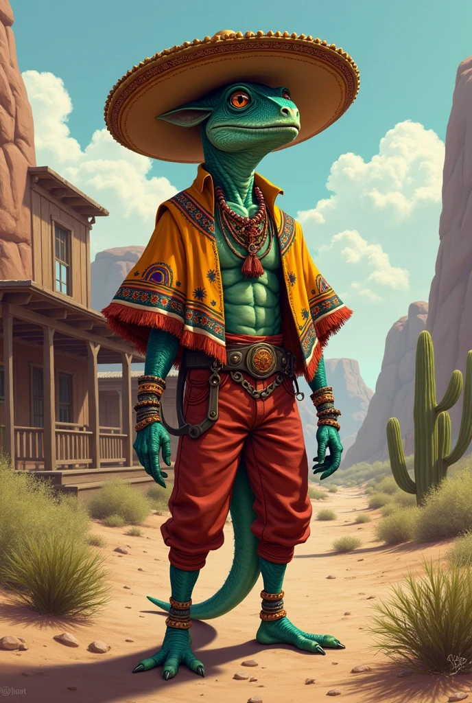 A skinny Mexican humanoid chameleon, with a sombrero poncho and matching pants. I'd like the art in a fantasy RPG style, set in the old west.