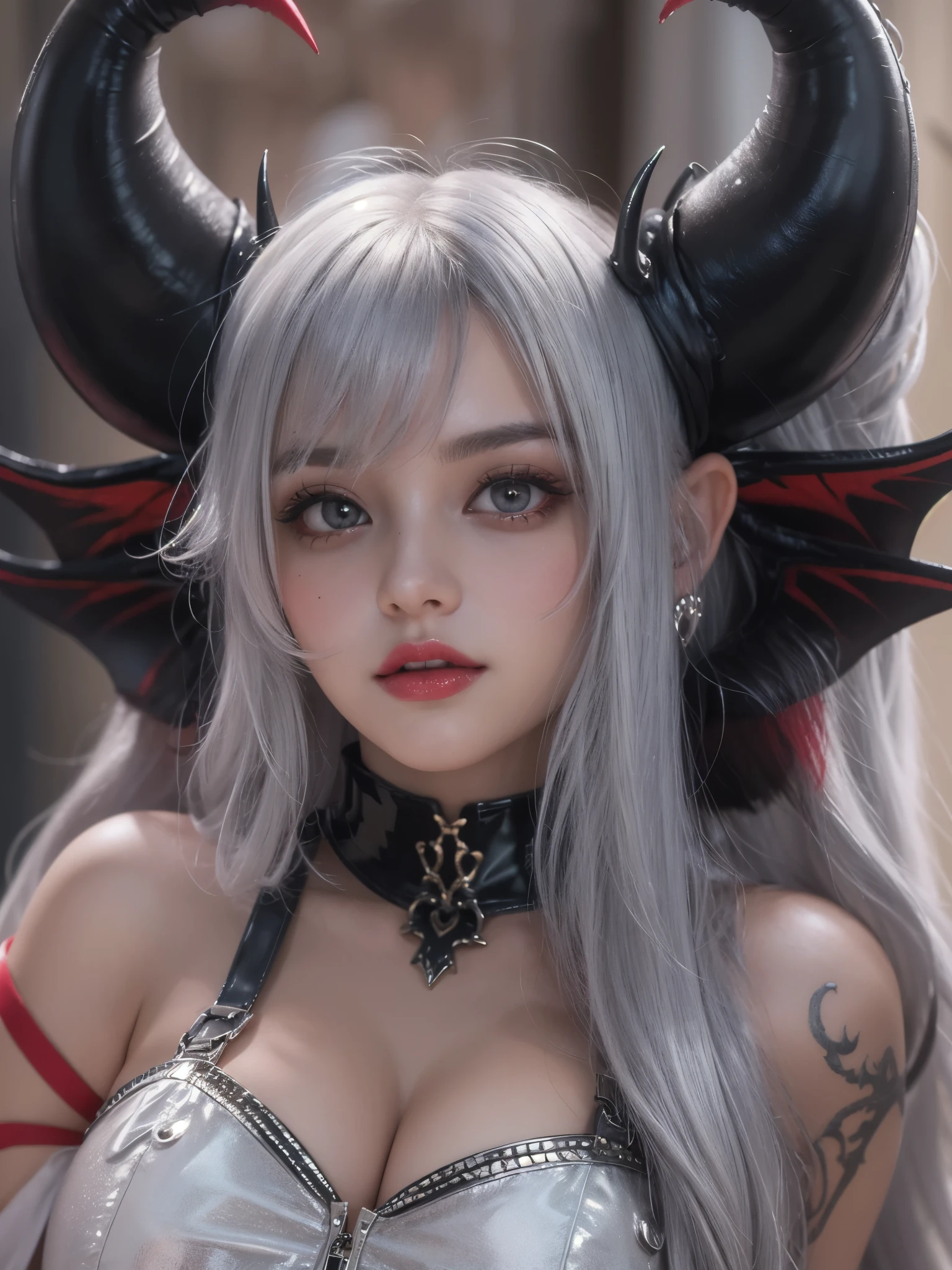 masterpiece, Raw photo，photorealism，High resolution，highest quality，High resolution, perfect composition, perfect face, perfect body, 16k，cinematic lighting，silver hair，Succubus，whip，latex，black，attractive，Demon's Castle Background、Devil&#39;s costume showing collarbone、close up of face、