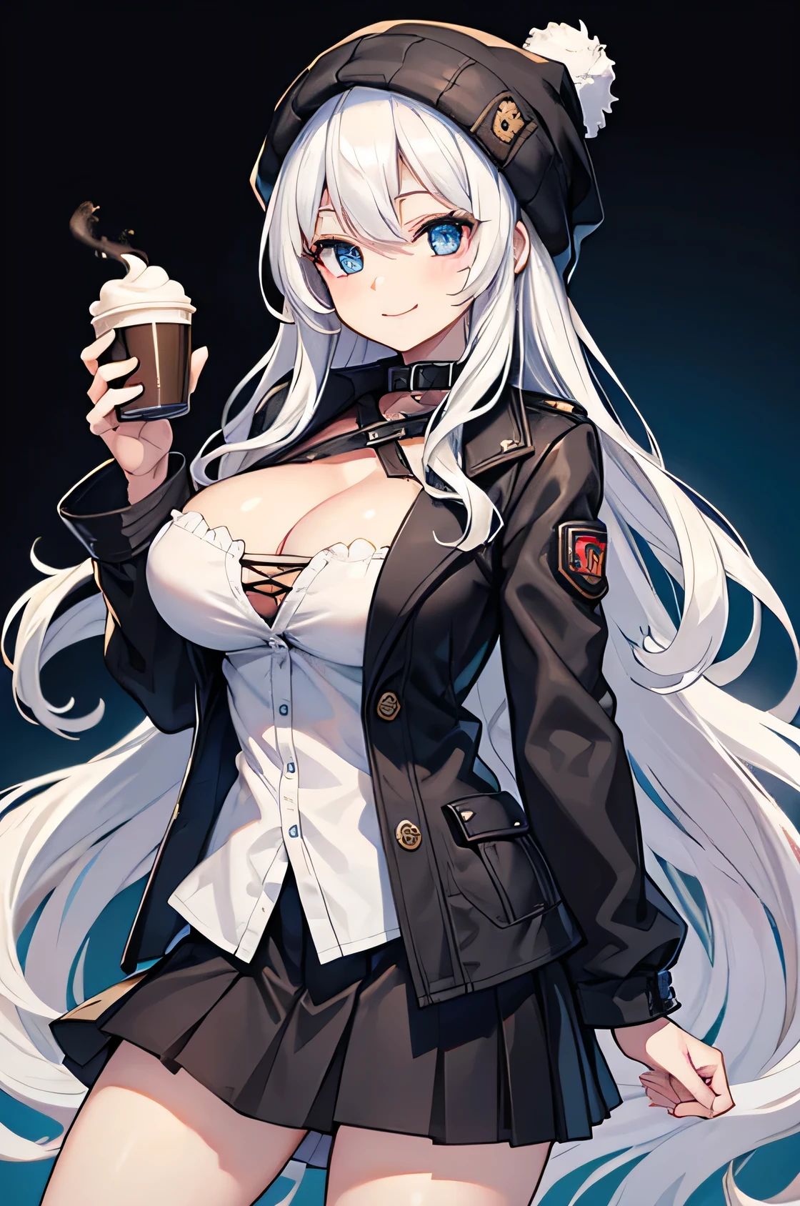 masterpiece, high quality, A pretty woman, Long hair, wavy hair, White hair, blue eyes, smiling face, big breasts, juicy breasts, Open shirt, short skirt, black jacket, black beanie hat, background of a coffee shop