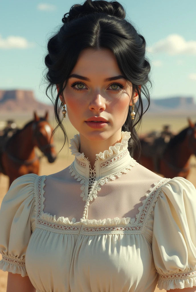 1875, southern lady, black hair, green eyes, feminine dress, wild west, wears her hair tied up, white victorian dress