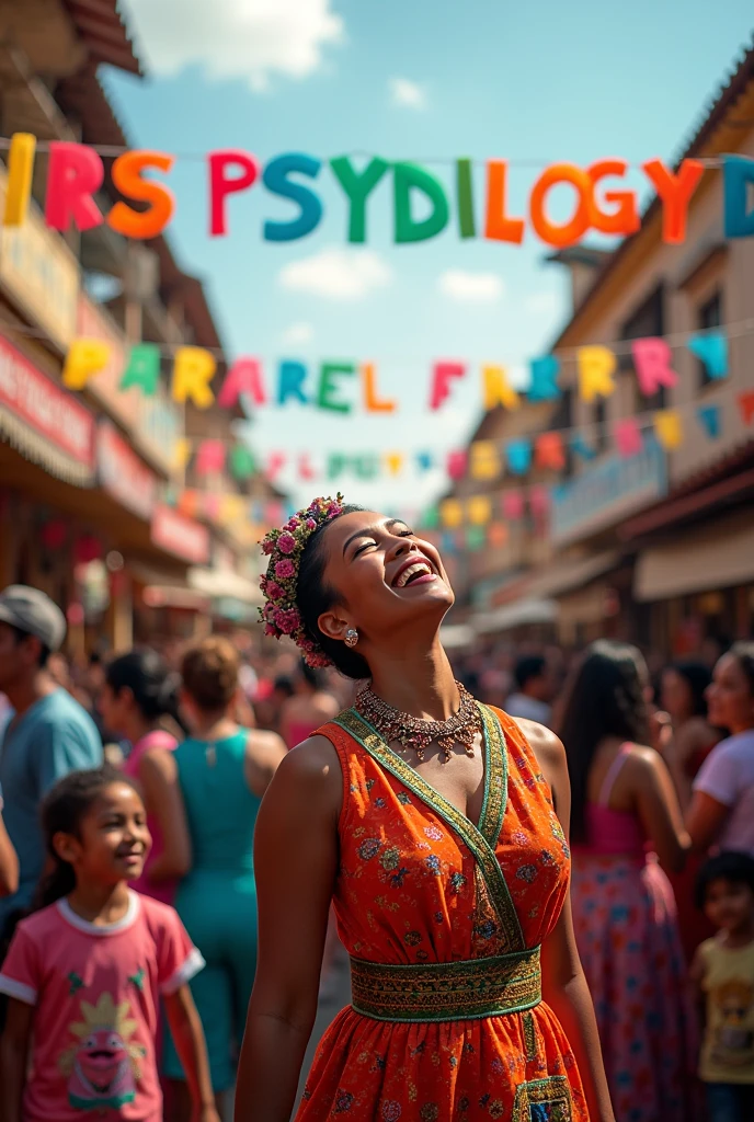 Make a very colorful image about the Cali fair in Colombia, that people become happy and everything is like a party and that it says big PSYCHOLOGY Make it in vertical format (for an Instagram story)