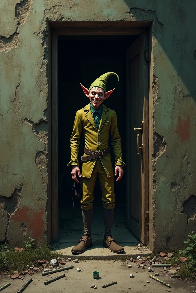 smiling elf, with lots of crack pipes standing at the door waiting for tourists but with a bad and evil face and with lots of doses of crack and bazuco