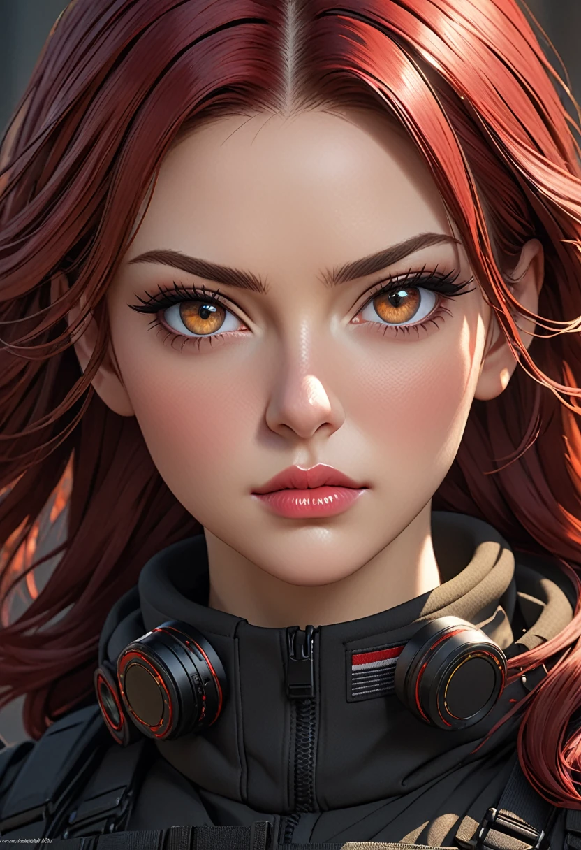 ((best quality)), ((artwork)), ((extremely detailed face)), ((perfect lighting)), ((extremely detailed CG)), ((perfect hands, perfect anatomy)) Appearance= Tall, busty, athletic, toned, pale, russian features, beauty mark under right lips, plump lip; hazel eyes; long straight maroon-red hair
Personality= Determined, strong-willed
Occupation= Sniper
 Clothing= Black tactical combat uniform.]