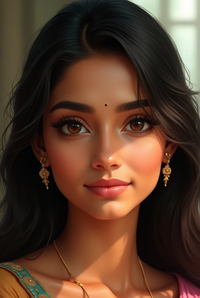 Create a realistic and stunning image of an adult Indian woman. She has warm, glowing, medium-brown skin with a smooth texture. Her large, almond-shaped eyes are deep brown, with long, thick eyelashes framing them. Her eyebrows are slightly arched, full, and well-groomed, adding to her expressive gaze. Her nose is slender and slightly upturned, complementing the symmetry of her face. She has full, soft lips with a natural pink hue, slightly curved into a gentle, inviting smile. Her straight, jet-black hair cascades down to her shoulders, with a subtle shine, and a few strands gently frame her face. Her ears are delicately shaped, adorned with small, traditional gold earrings. The background should be softly blurred to keep the focus on her face, with natural lighting that highlights her features without any harsh shadows.