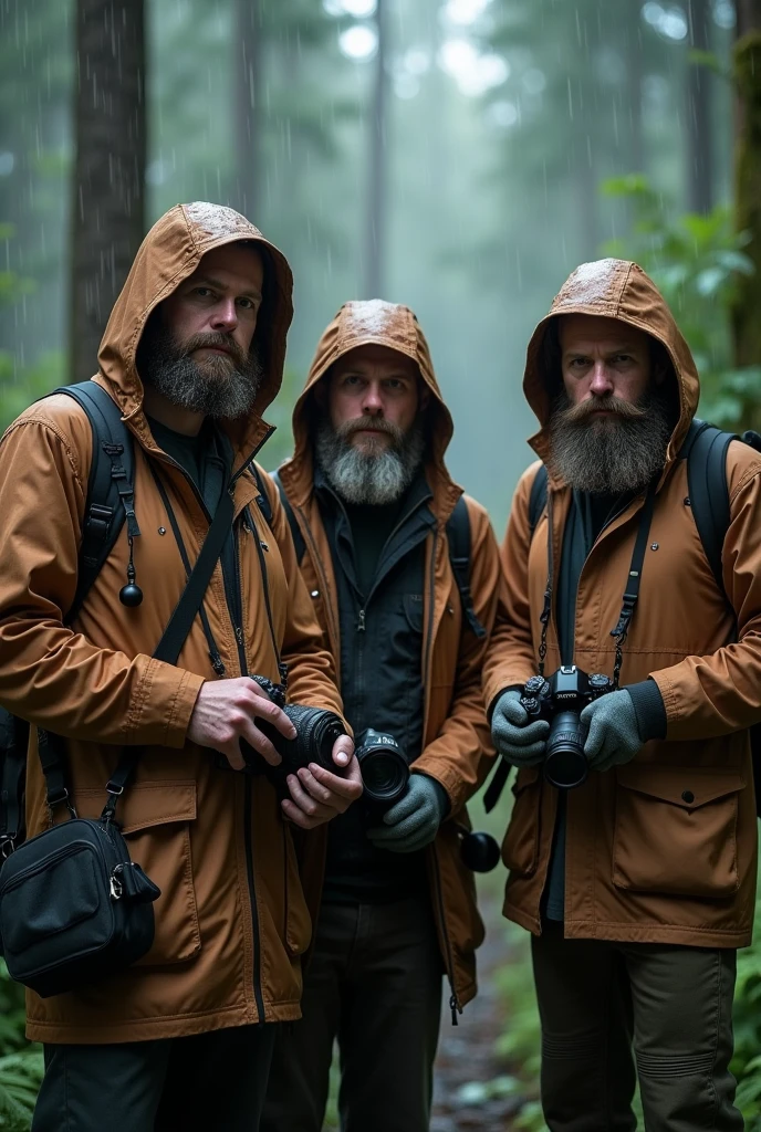 (best quality, 4k, high resolution: 1.2), rainy day photorealistic portrait of 3 white male photographers in the woods, with detailed wispy beards. He was holding a professional camera and wearing a brown zip-up raincoat with the hood up. Raindrops on the jacket will be visible. The atmosphere should feel calm, with a hint of mystery. The lighting should be soft, with a slight hazy effect. The colors should be natural and muted, emphasizing the rainy atmosphere.