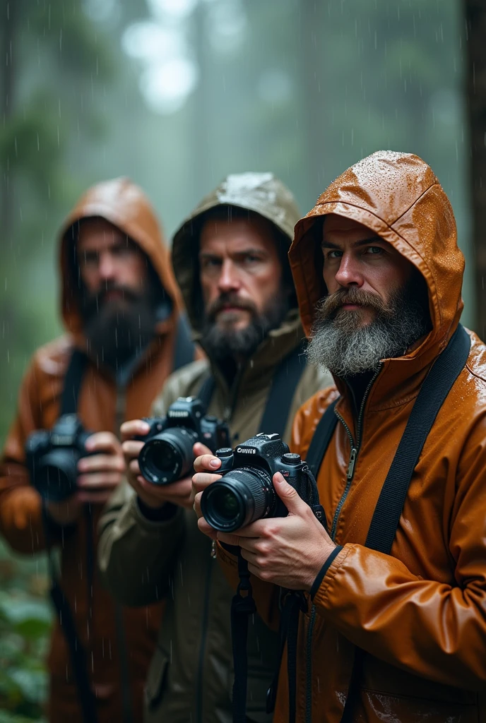 (best quality, 4k, high resolution: 1.2), rainy day photorealistic portrait of 3 white male photographers in the woods, with detailed wispy beards. He was holding a professional camera and wearing a brown zip-up raincoat with the hood up. Raindrops on the jacket will be visible. The atmosphere should feel calm, with a hint of mystery. The lighting should be soft, with a slight hazy effect. The colors should be natural and muted, emphasizing the rainy atmosphere.