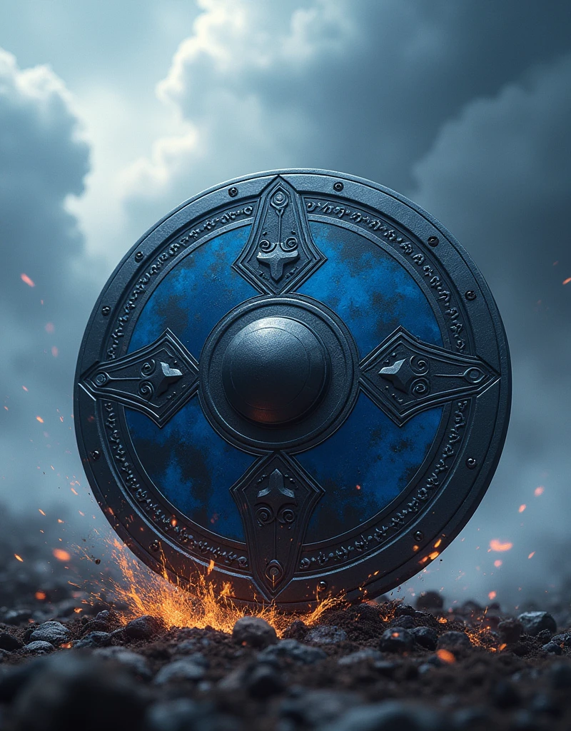 Black and blue colour shield with thor hammer hitting the shield with shock wave