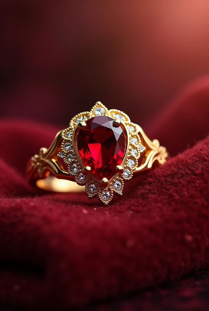 Thick gold wedding ring with ISABELLA written on the outside with a red stone