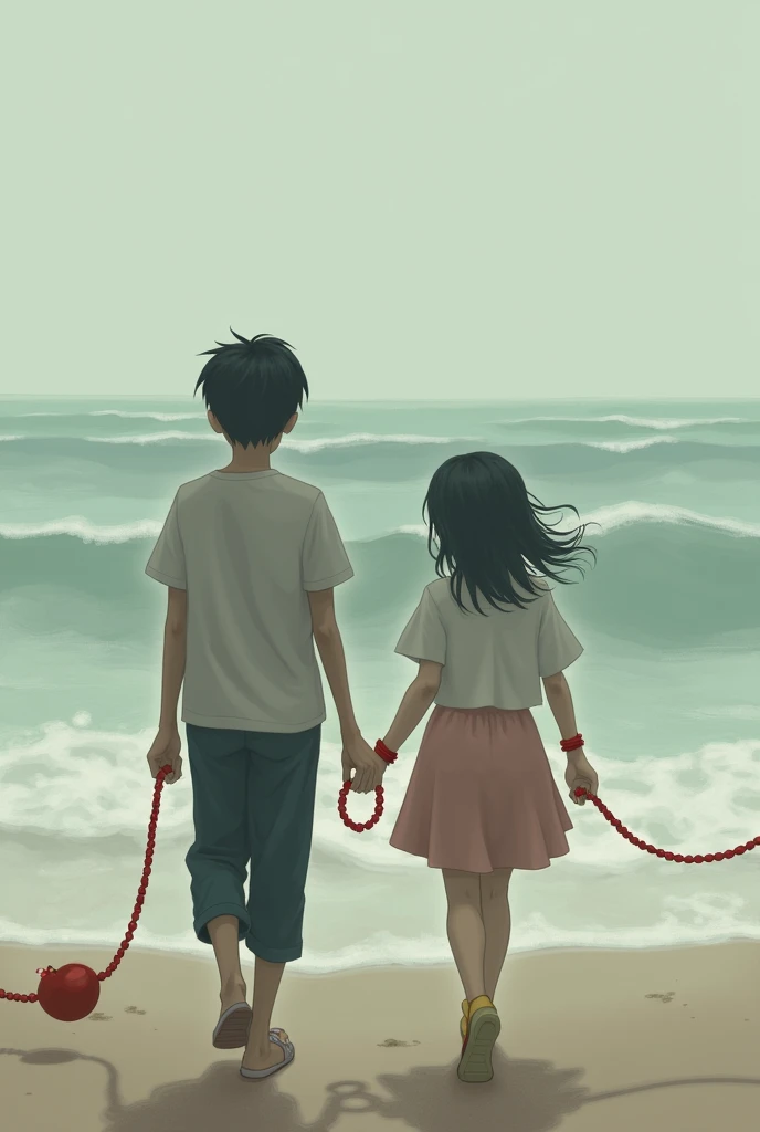 Swell and sand, A boy walking with his back to the girl and she with her back to him with her head to the side trying to look at him with a red thread on her wrists