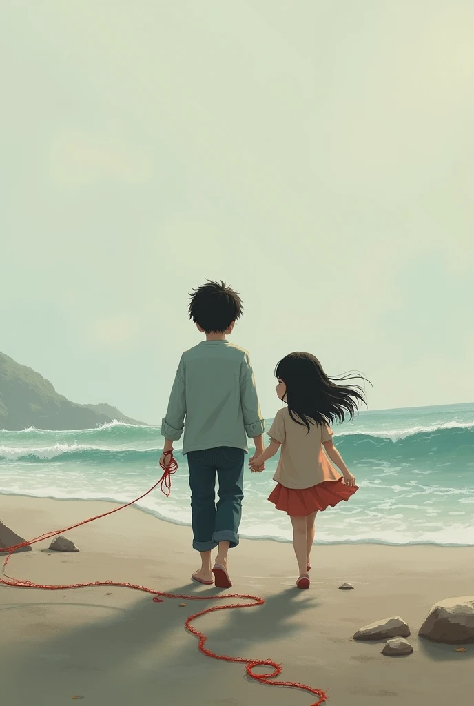 Swell and sand, A boy walking with his back to the girl and she with her back to him with her head to the side trying to look at him with a red thread on her wrists