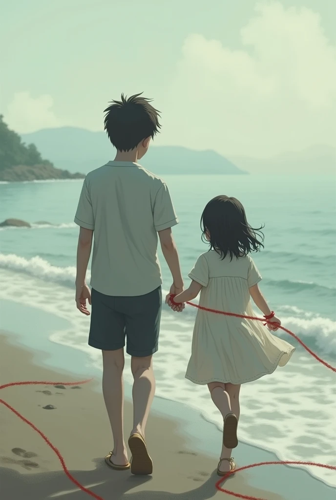 Swell and sand, A boy walking with his back to the girl and she with her back to him with her head to the side trying to look at him with a red thread on her wrists