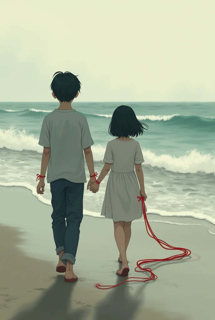 Swell and sand, A boy walking with his back to the girl and she with her back to him with her head to the side trying to look at him with a red thread on her wrists