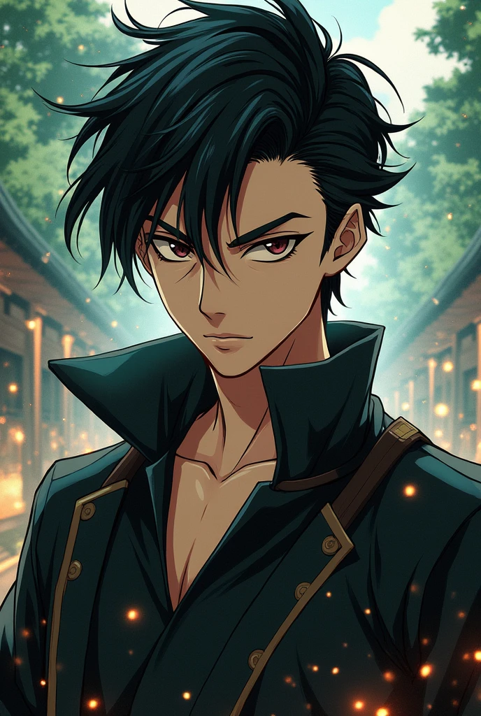 Young man character with black slicked back hair, dark brown eyes in demon slayer anime style