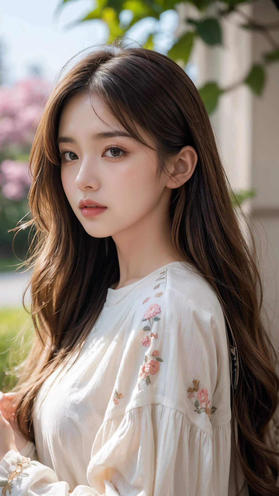 A serene and soft portrait of a young woman with long, wavy, light brown hair. She is facing to the right, gazing off into the distance with a calm and thoughtful expression. The lighting is natural and soft, creating a gentle glow on her face. Her hands are gently holding the sides of her head, with fingers lightly touching her hair. She is wearing a light-colored, loose-fitting blouse with floral embroidery on the sleeves. The background is blurred, with a cool, muted color palette, adding to the peaceful and contemplative mood of the scene.