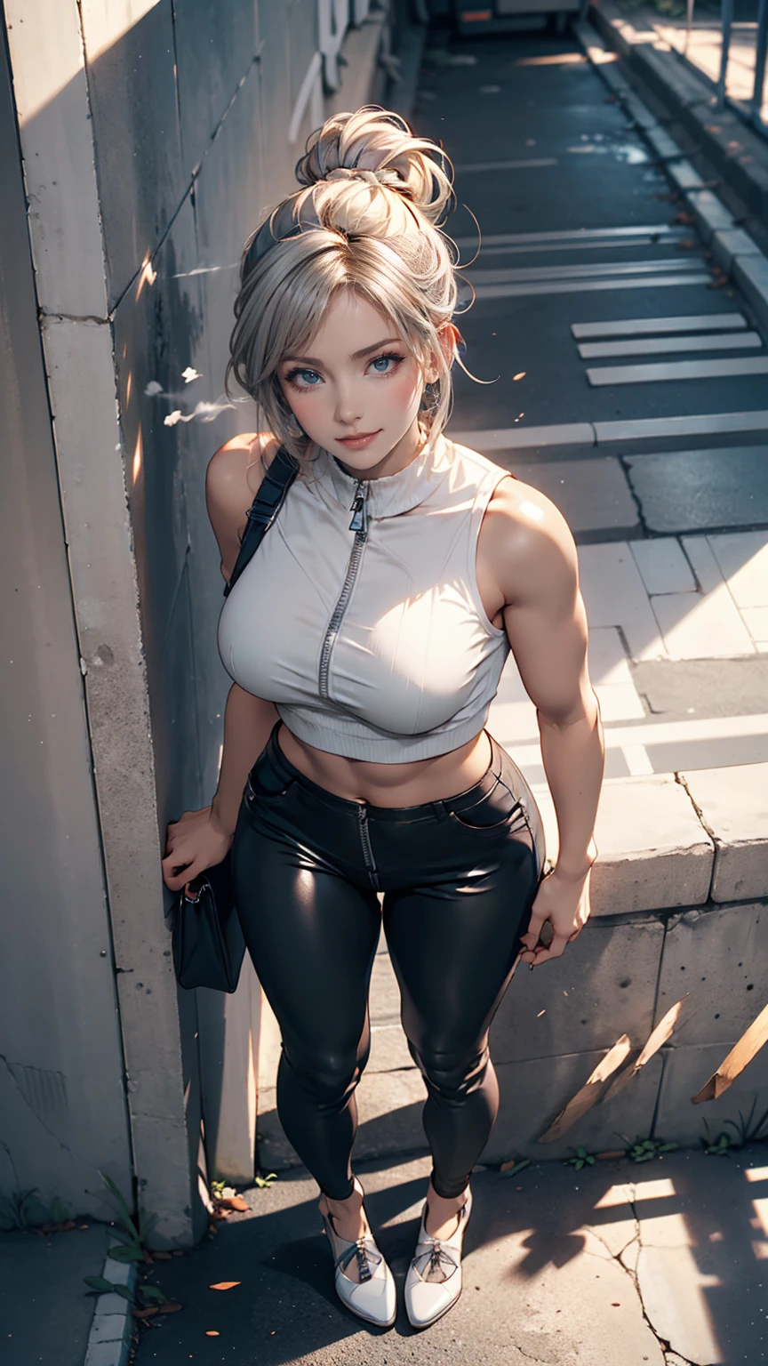 2 female、Silver Hair、Side-swept chignon((good site))、High neck zipper up top、Navel visible、Low rise leggings、pumps、Urban concrete wall(Spray art)Lean on、Sunlight from above、Don't look at the audience、Long eyelashes、sexly、eye make up、Arms crossed、smile