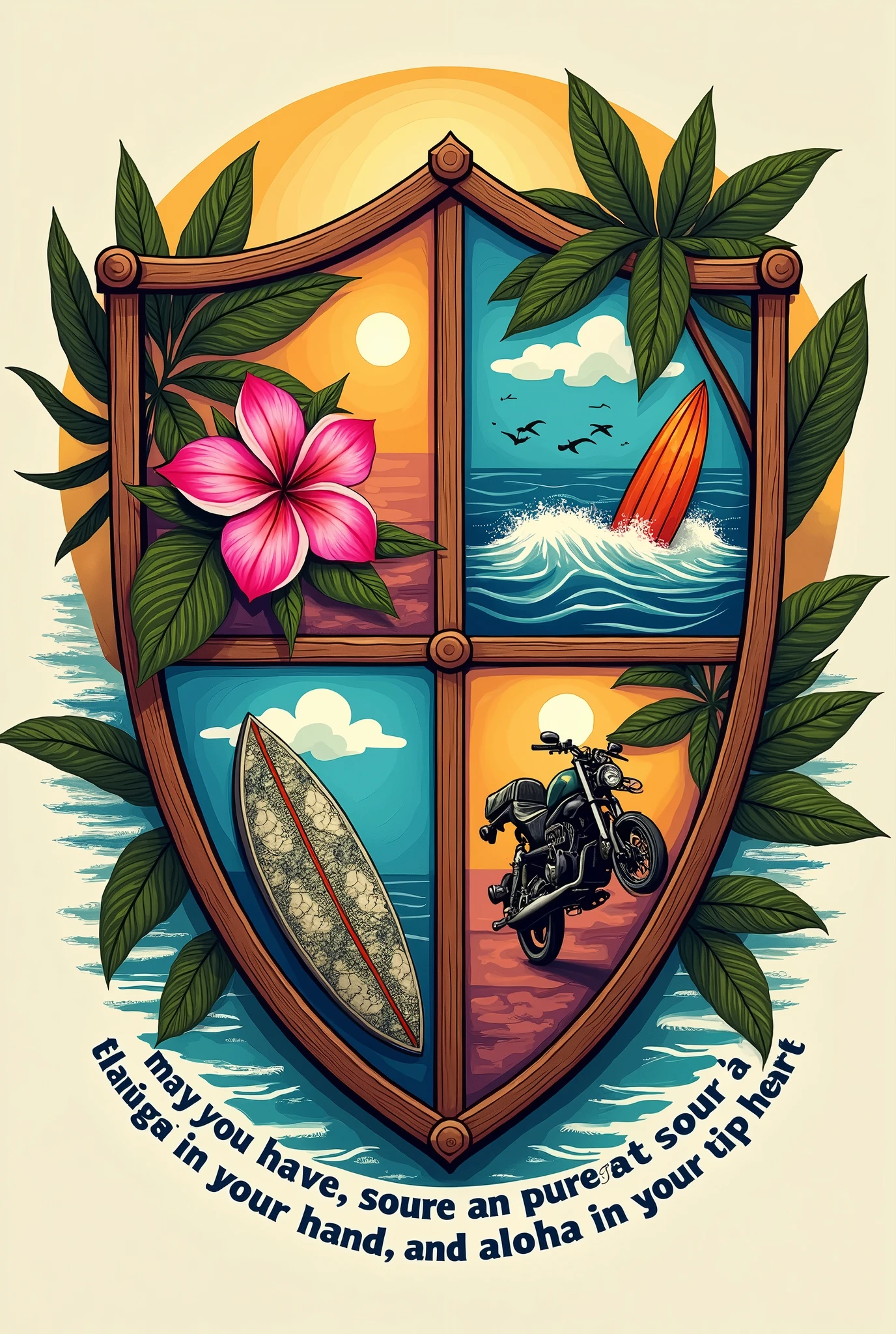 four-section shield, that has a shape similar to that of Hogwarts inside them they go: a pink hawaiian flower, a surfboard, a motorcycle and a turtle drawn in Hawaiian style, and under the shield that bears the words: may you have grace in your step song in your hand and aloha in your heart