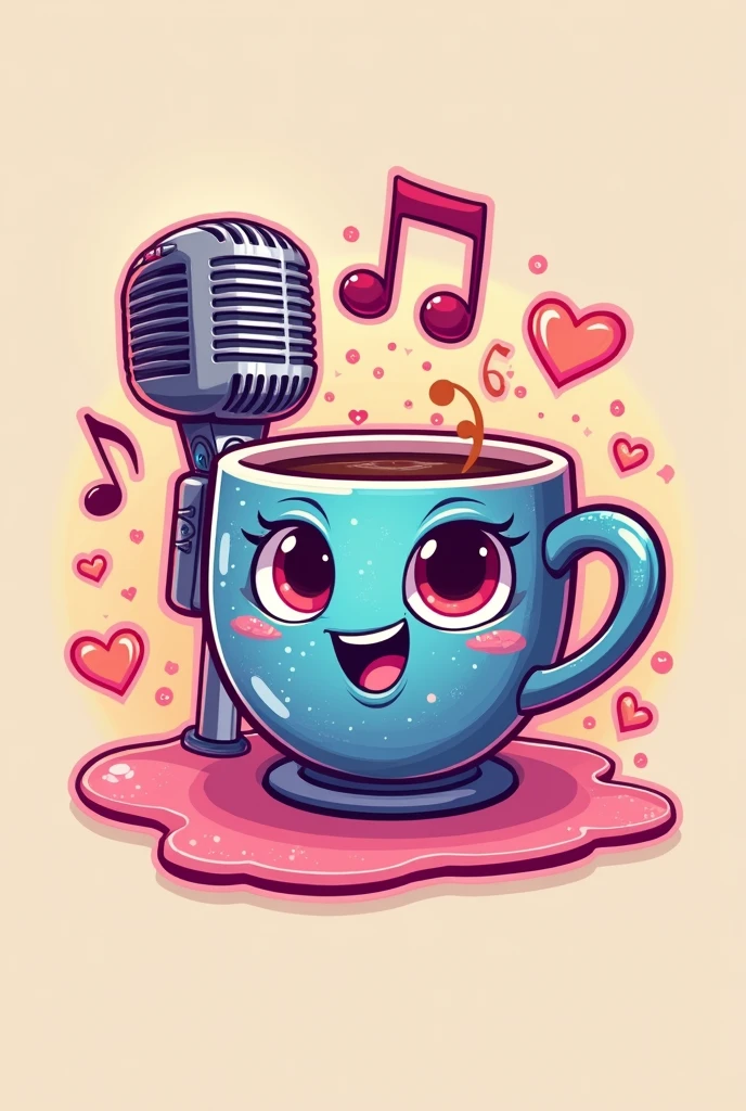 A logo with a microphone and musical notes and bright pastel colors And a coffee cup with heart eyes and glitter