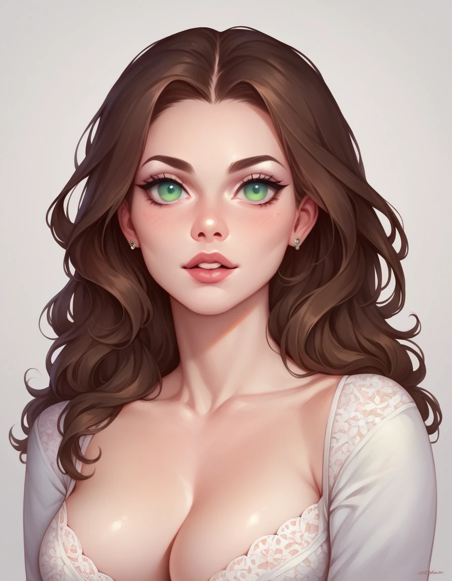 the face of a french woman, brunette with green eyes, busty, 1m75, habillé légèrement, face portrait