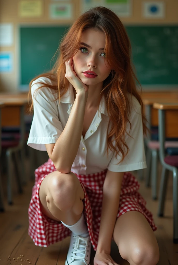 woman,slim,beautiful,large eyes,green eyes, Whole body, wide face, Wide nose, thick lips,hair, chestnut,seeds,, hair largo, staring straight into the camera,head on,full figure, Whole body, super detailed hands,with a white buttoned blouse,red skirt with schoolgirl style checks to the knees,small breasts,Round, firms, nalgas firms, round,white knee-high socks, white converse sneakers, inside a classroom,with school benches and decorations,intriguing gaze, with one hand on the chin,On knees, sketching a slight smile,and seductive look.